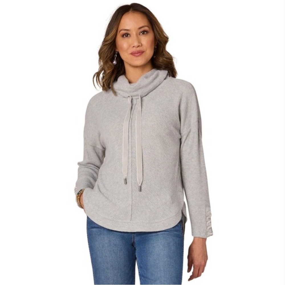 Democracy Velvet-Trim Ribbed Cowl Neck Sweater – Petite Medium (PM) Cozy Chic